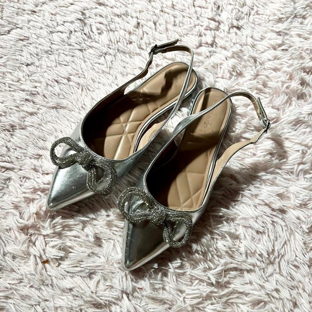 BCBG Generation Kristin Silver Metallic‎ Coquette Glam Slingback Flats Womens 7